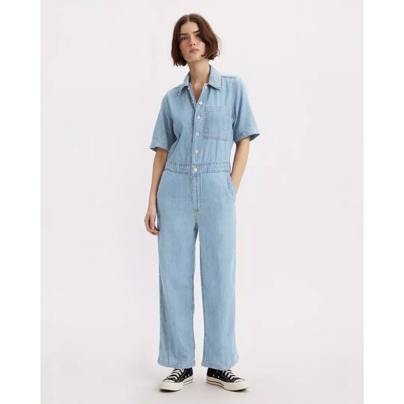 Levi's Women's size Large Medium Wash Straight Leg One Piece Coveralls Jumpsuit - Picture 1 of 14